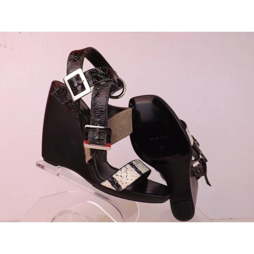 NIB BALENCIAGA BLACK CRACKED SNAKESKIN LEATHER STRAPPY WEDGE SANDALS PUMPS 38 - Picture 10 of 10